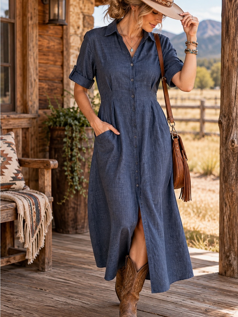 Max Studio Dusty Blue Button-Front Maxi Shirt Dress M